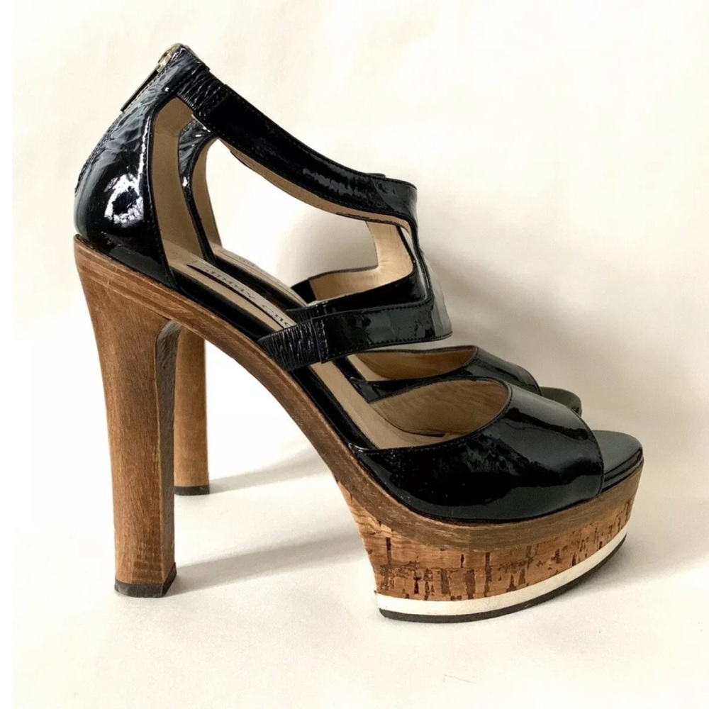 JIMMY CHOO Patent Leather Wood Platform Heels